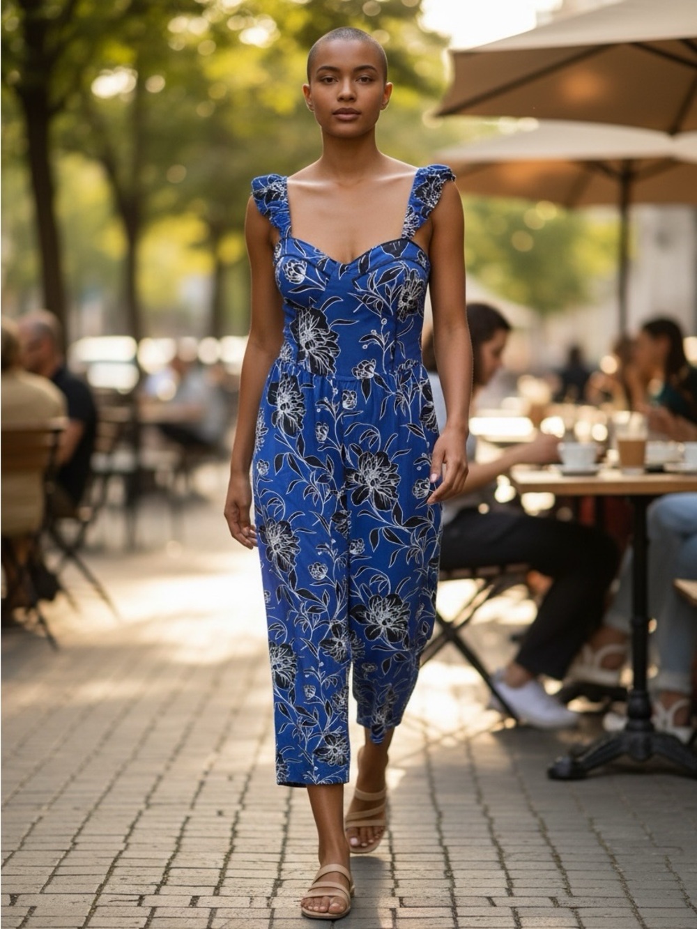 💥$7💥 Blue Floral Sweetheart Jumpsuit with Ruffled Straps #994